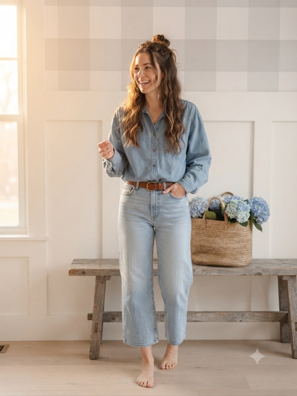 Vintage Light Blue Denim Button-Down Shirt - Casual Chambray Top Large